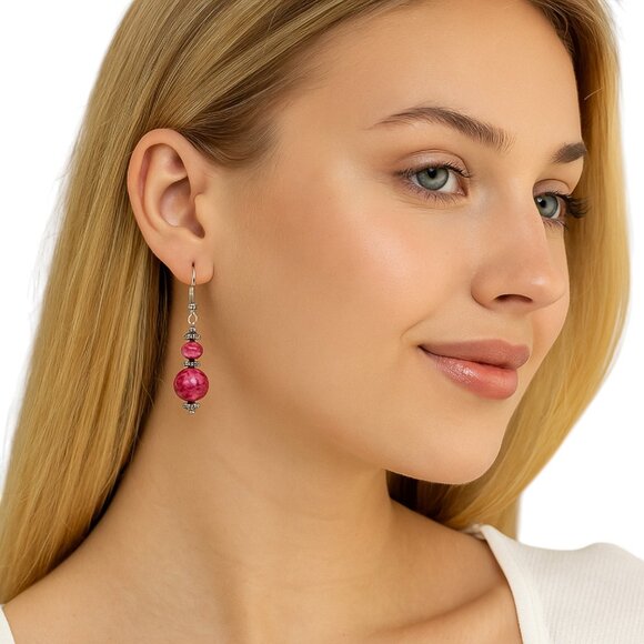 Rain Flower Jade & Faceted Pink Jade Earrings 925 Sterling Silver Ear Wires - Picture 2 of 11